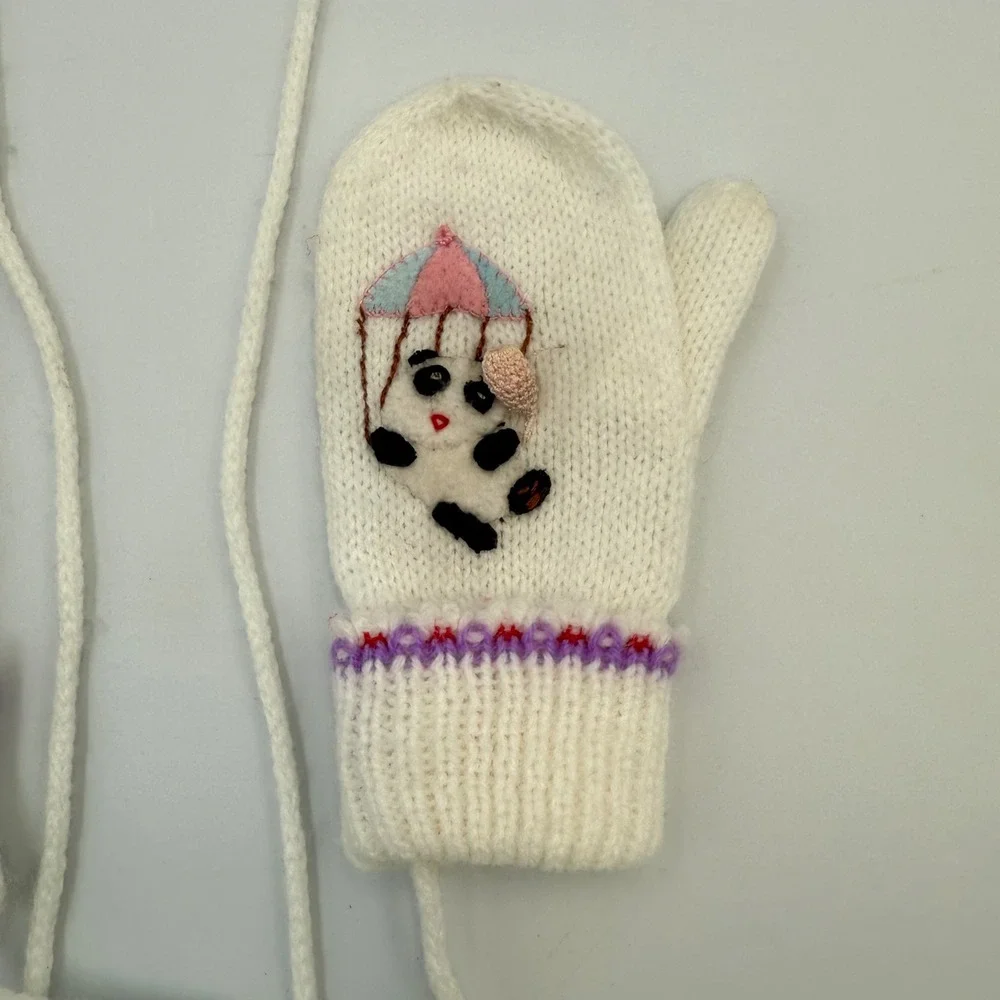 Vtg Baby‎ Mittens with String | Panda, Balloon, Parachute | 1980s 100% Acrylic